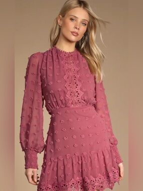 Lulus Lust or Love Mauve Embroidered Lace Long Sleeve Dress Size XS
